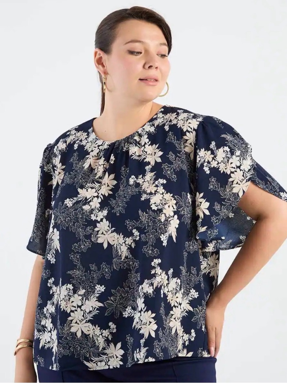 NEW! Liz Claiborne Navy Floral Short-Sleeve Peasant Top 2X